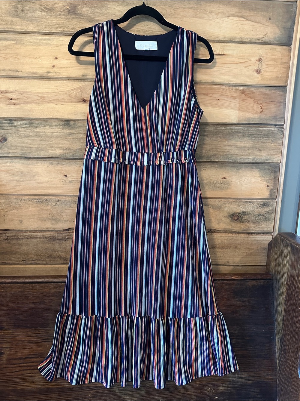 Sleeveless V-Neck Striped Midi Dress in Navy and Multi